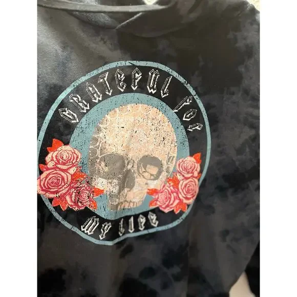 Peace Love World Grateful Skull Hoodie Charcoal Tie Dye Sz M Boho Grunge Casual - Picture 5 of 8
